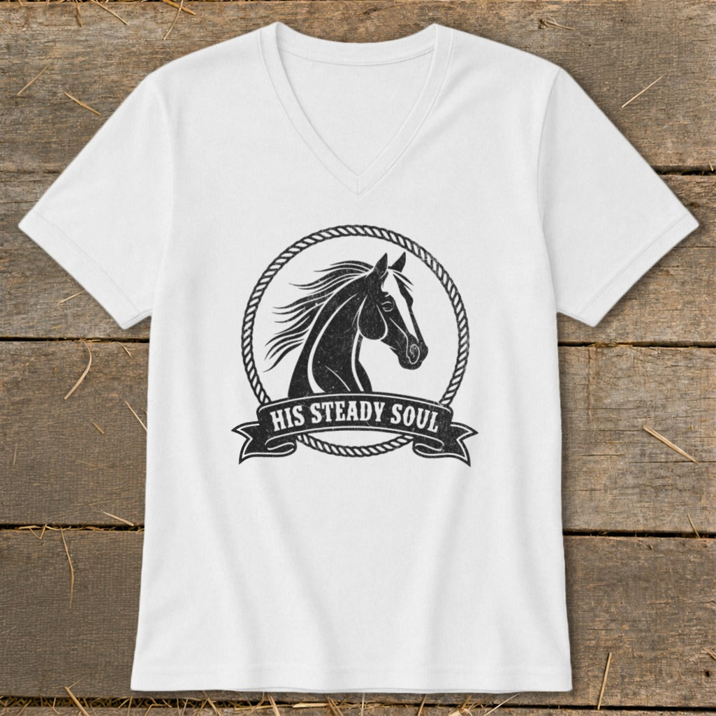 White v-neck t-shirt with a graphic of a horse head in a rope circle and the text "HIS STEADY SOUL".