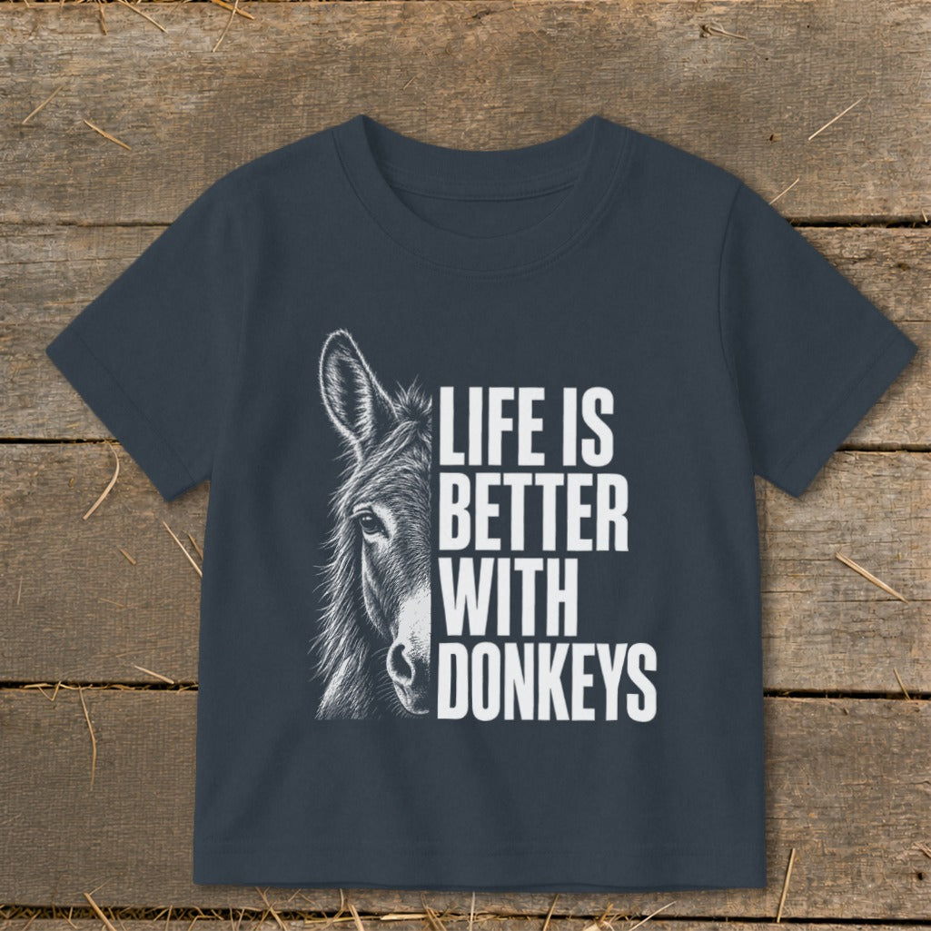 Dark grey t-shirt with white text "Life is Better With Donkeys" and donkey illustration.