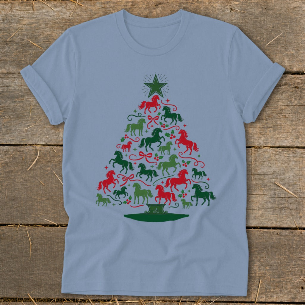 Light blue t-shirt with a Christmas tree made of red and green horses.