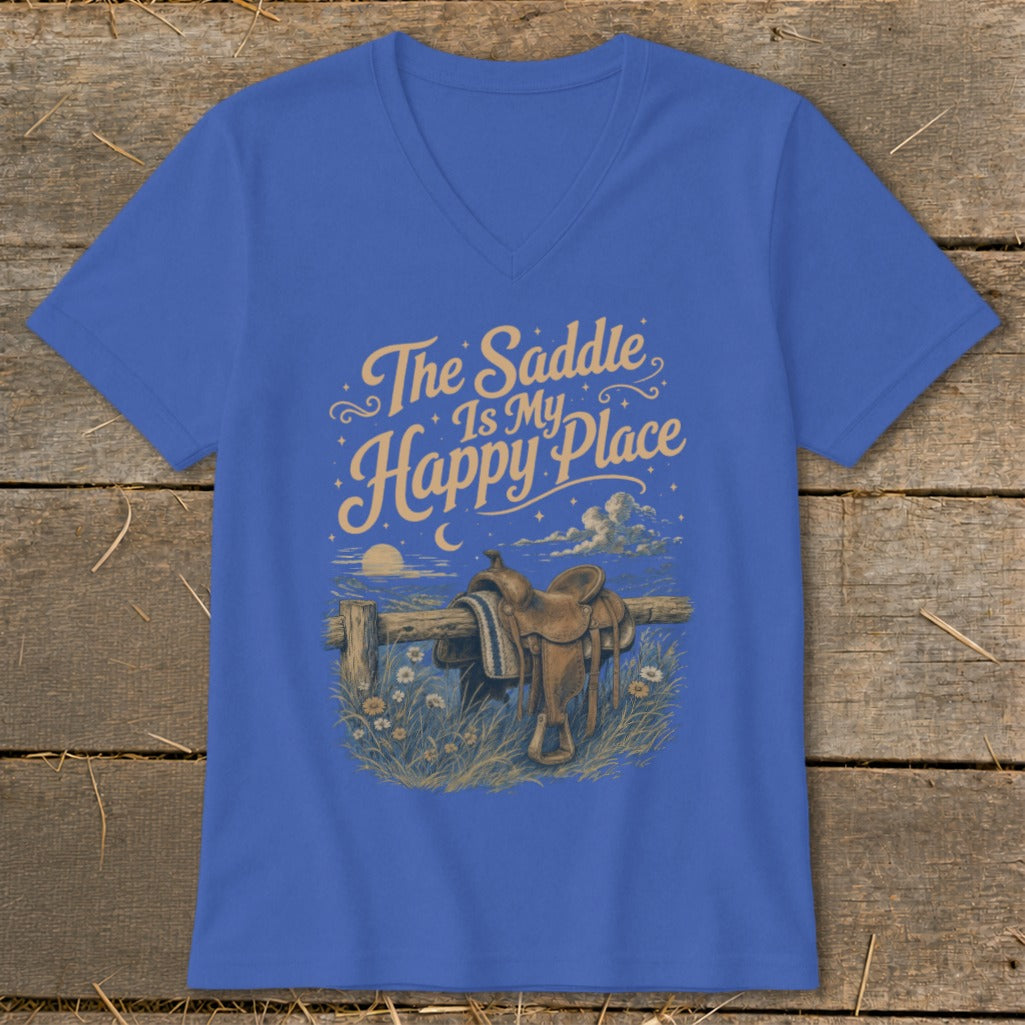 Royal blue v-neck t-shirt with "The Saddle Is My Happy Place" text and western saddle.