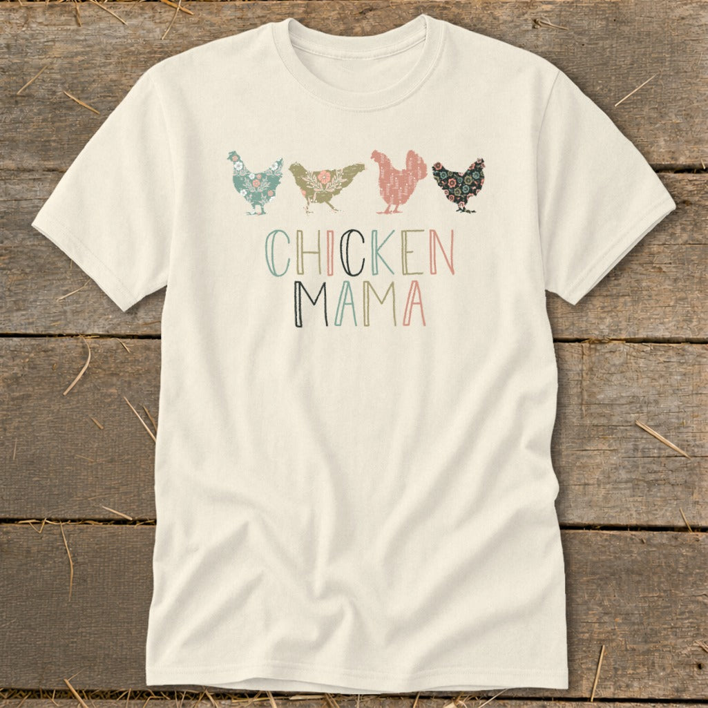 Cream t-shirt with four patterned chickens and "Chicken Mama" text.