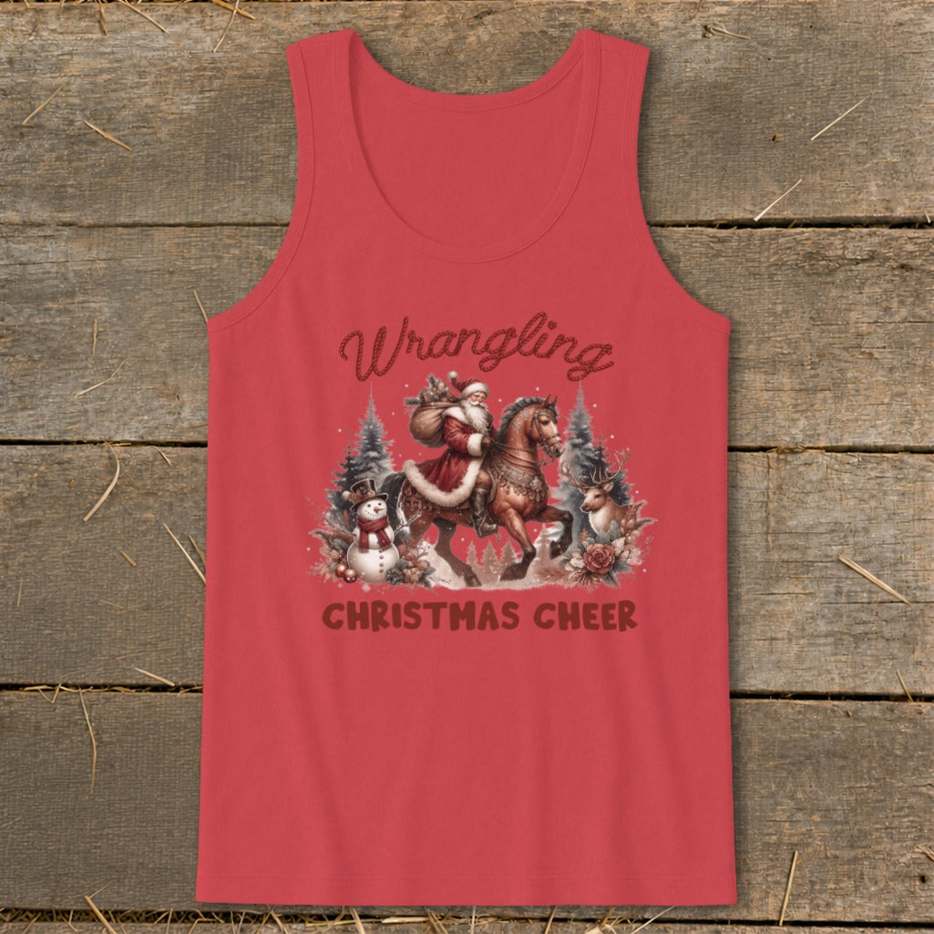 Tank top with "Wrangling Christmas Cheer" text, Santa on a horse, snowman, and reindeer.