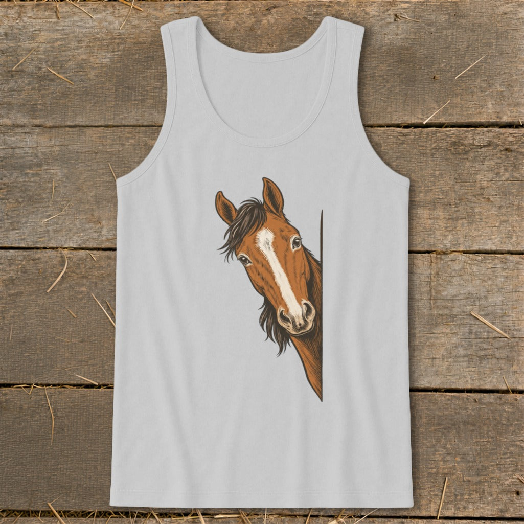 Light gray tank top with a brown horse peeking around a corner design.