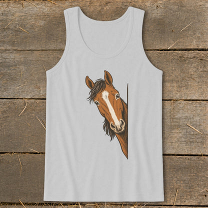 Light gray tank top with a brown horse peeking around a corner design.