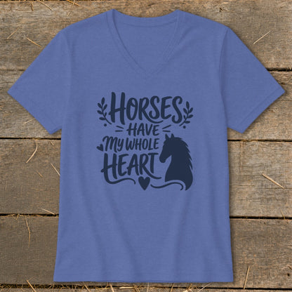 Purple v-neck t-shirt with "Horses Have My Whole Heart" and horse silhouette graphic.