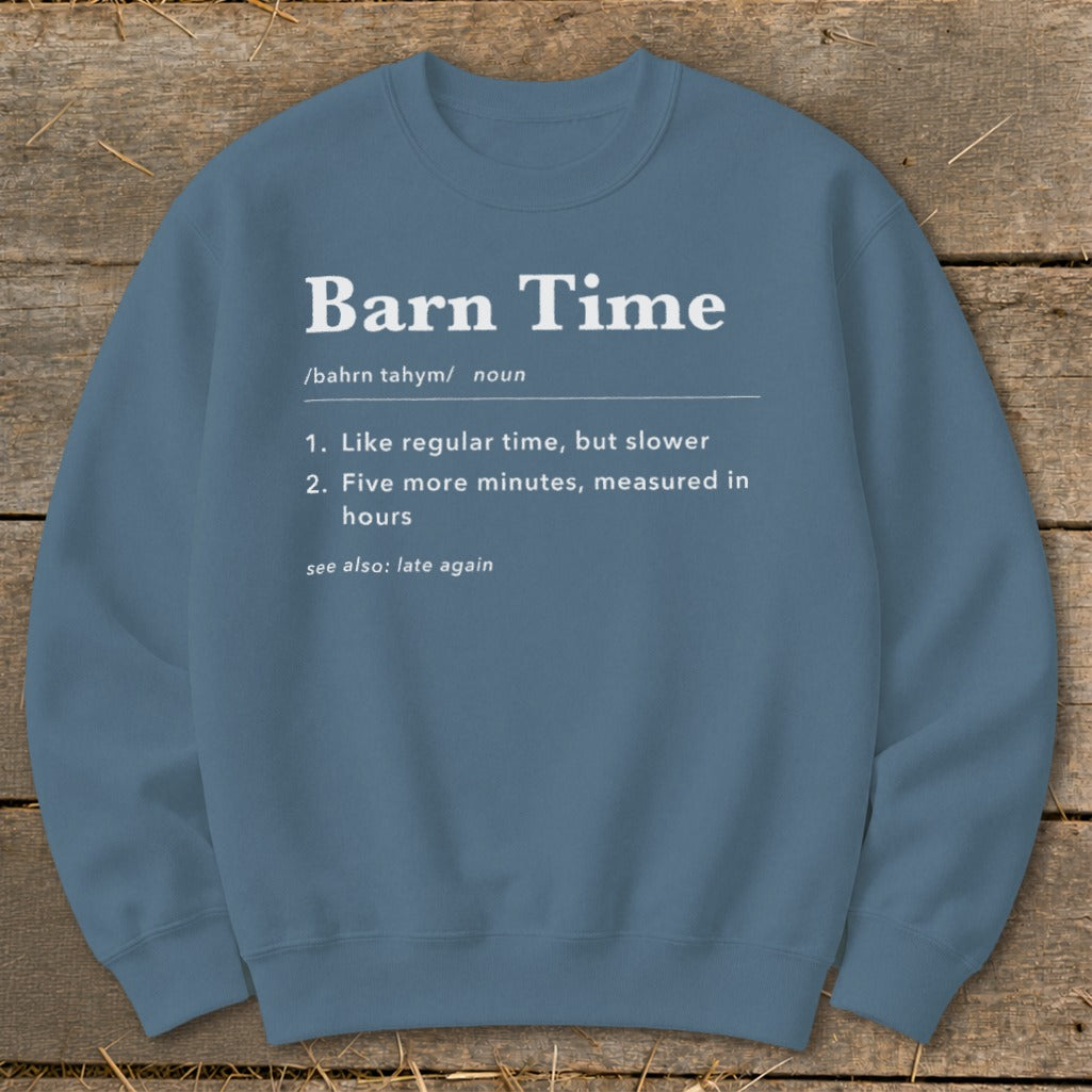 Blue sweatshirt with "Barn Time" definition printed in white text.