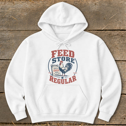 White hoodie with "FEED STORE REGULAR" and rooster logo.
