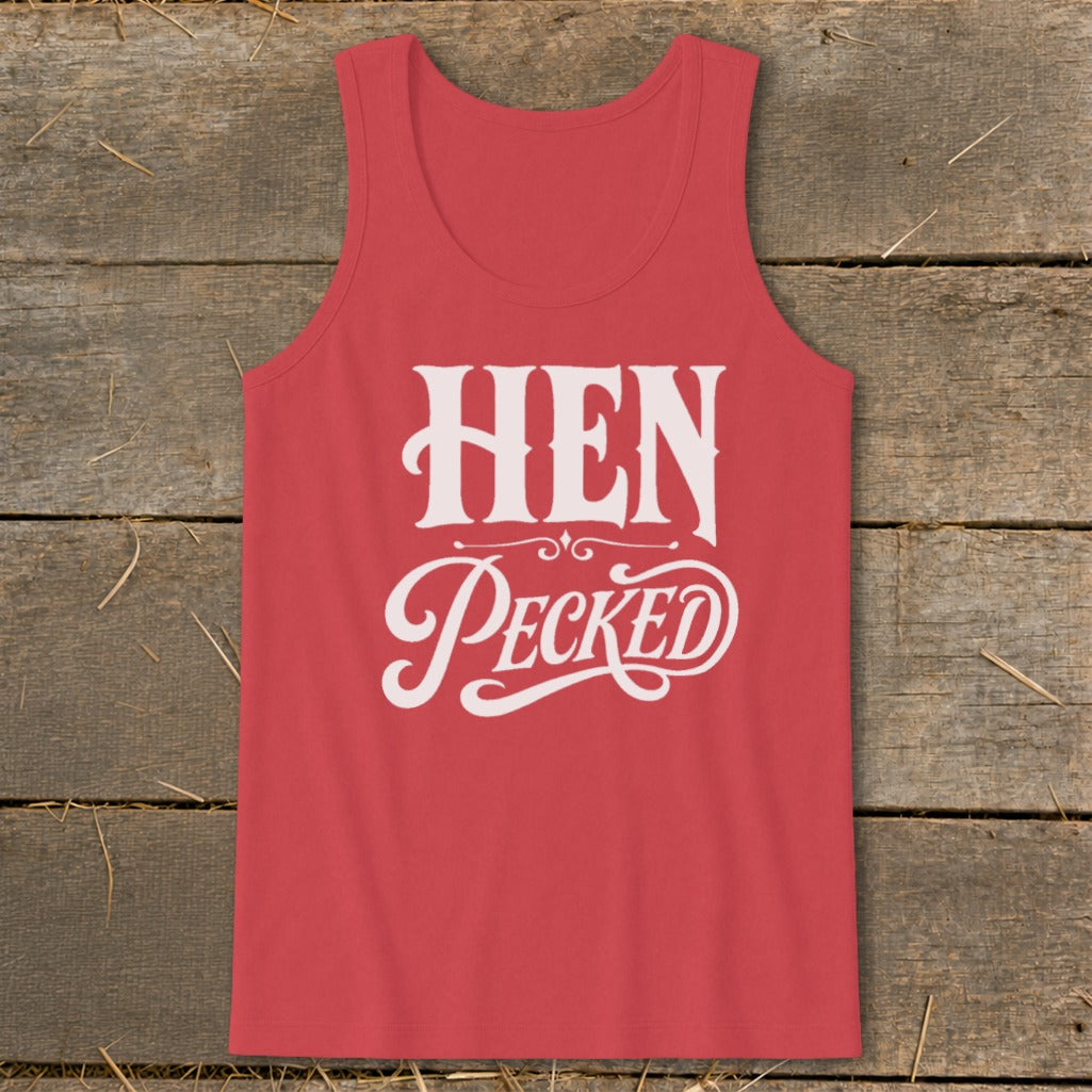 Red tank top with white text reading "HEN PeckED"