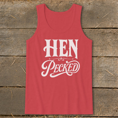 Red tank top with white text reading "HEN PeckED"