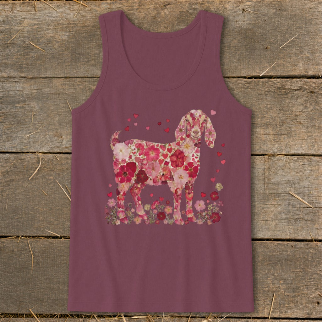 Burgundy tank top with a goat silhouette made of pink and red flowers.
