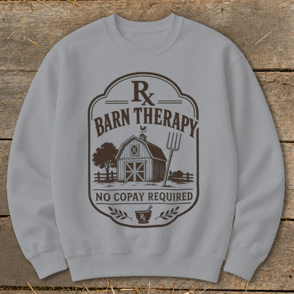 Light gray sweatshirt with "Rx Barn Therapy" graphic featuring a barn and pitchfork.