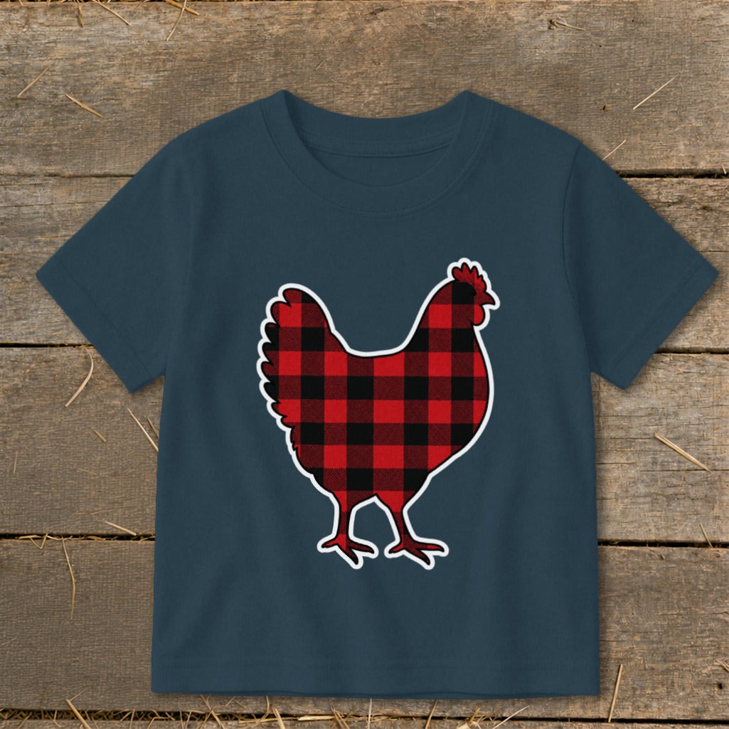 Dark blue t-shirt with a red and black buffalo plaid chicken graphic.