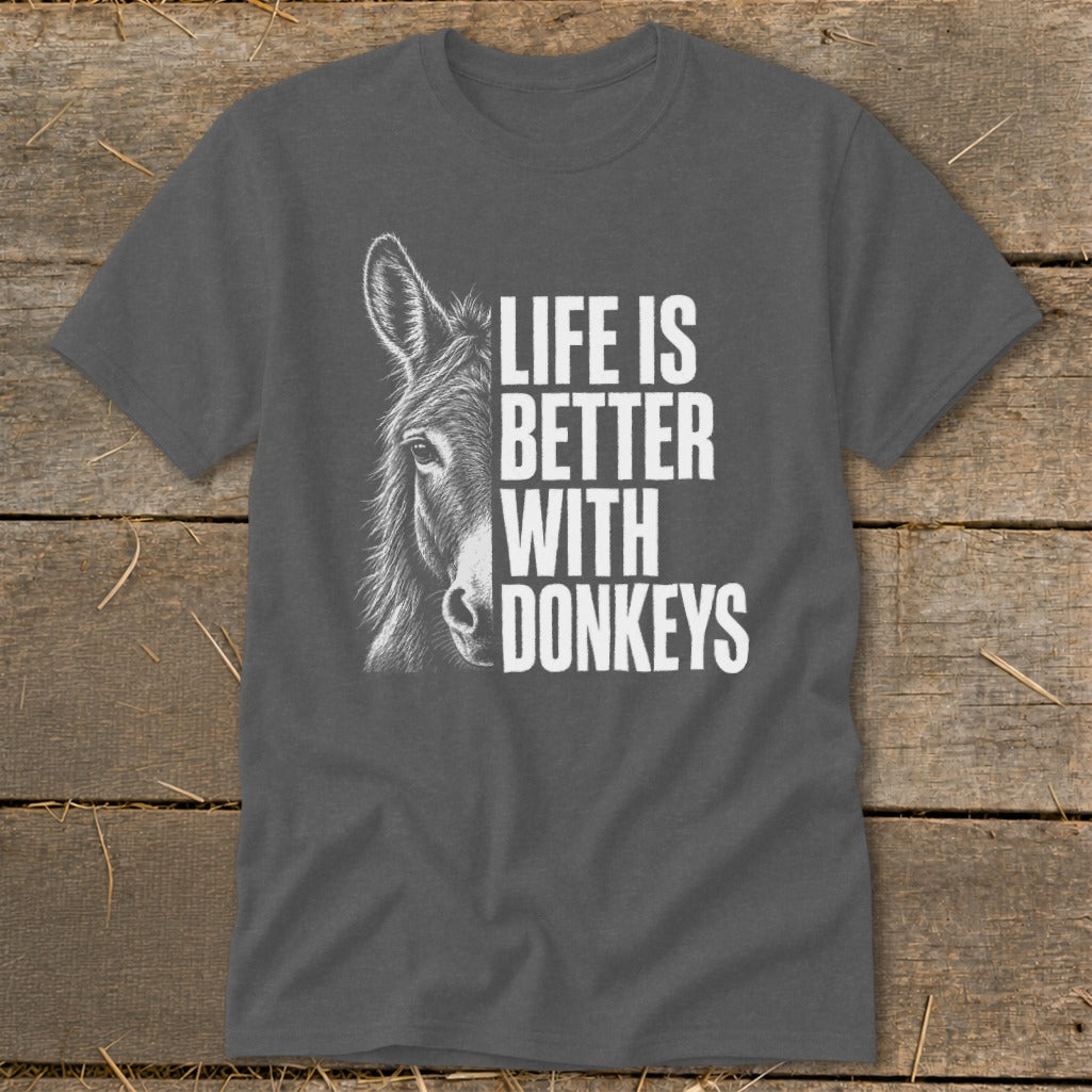 Donkey sketch with text "Life is Better With Donkeys" on a grey t-shirt.