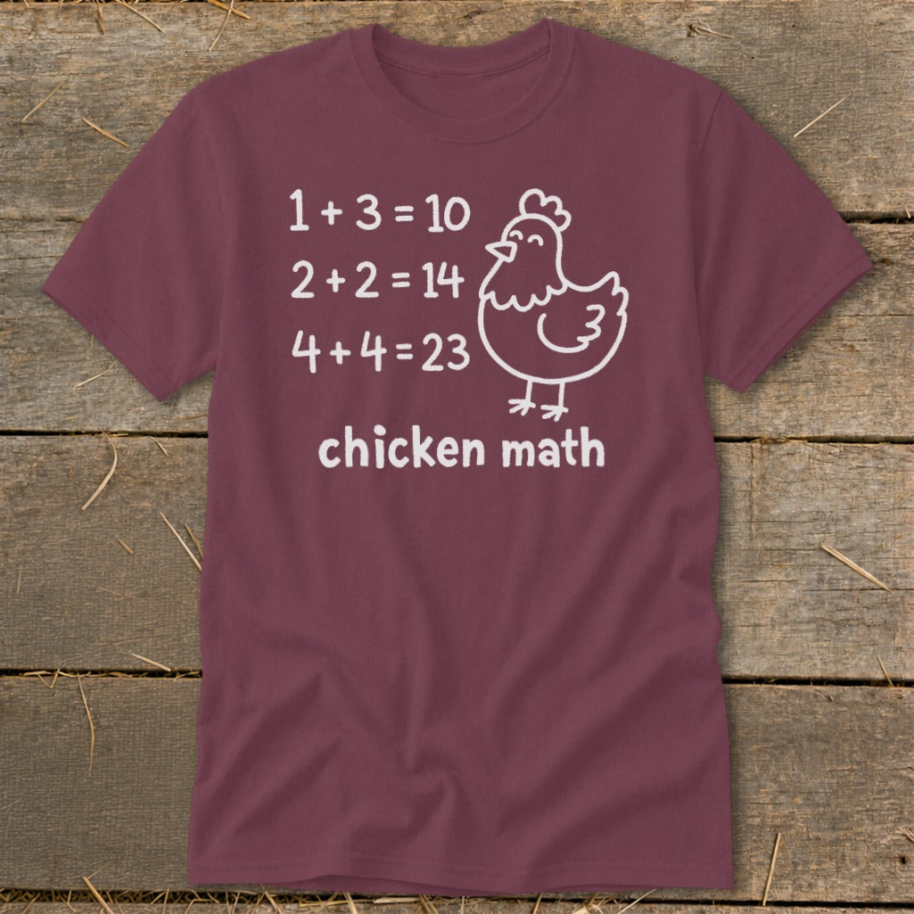 Maroon t-shirt with "chicken math" and a chicken illustration.