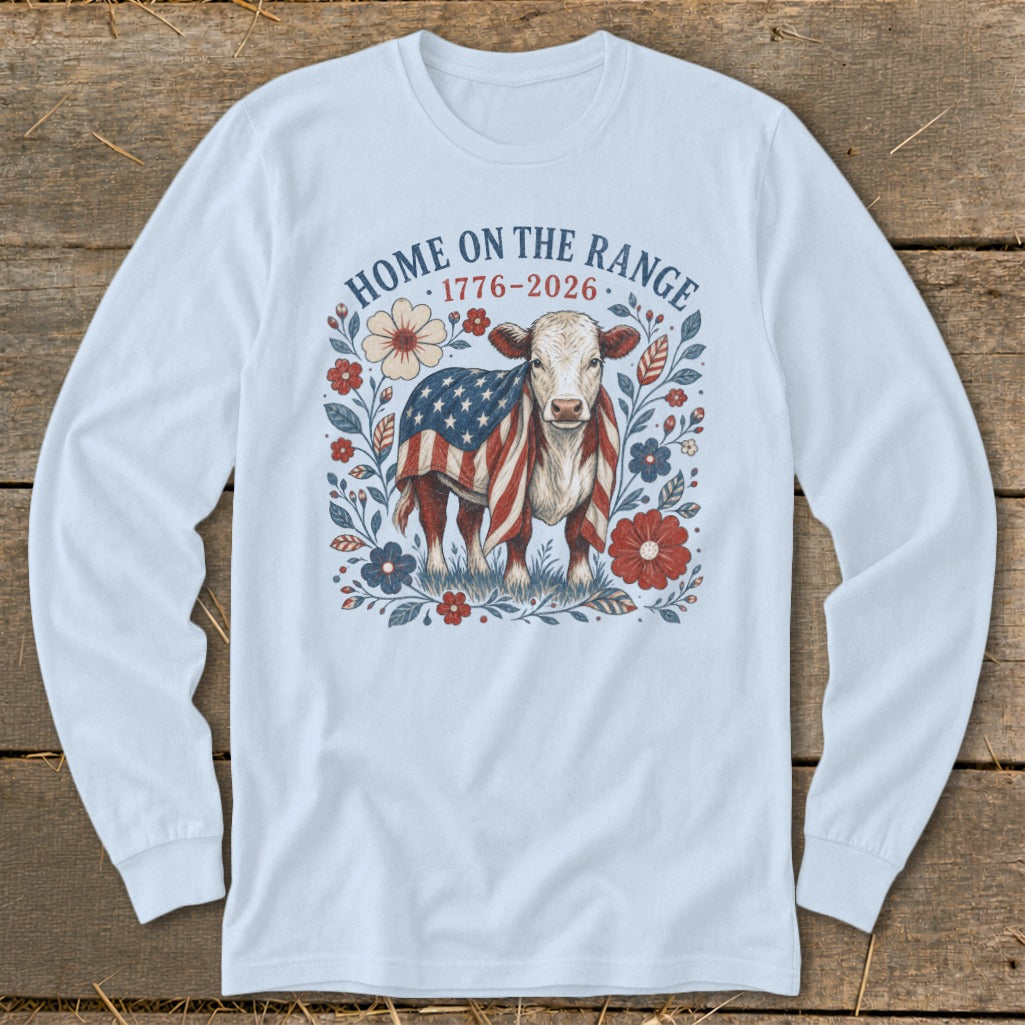 Cow with American flag blanket surrounded by flowers, text "Home on the Range 1776-2026".