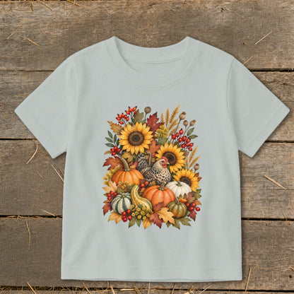 Light blue t-shirt with a watercolor print of sunflowers, pumpkins, gourds, berries, and chickens.