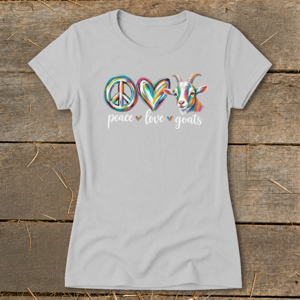 Grey t-shirt with colorful peace, heart, and goat graphics and "peace love goats" text.
