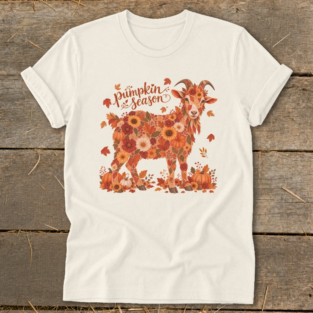 Cream t-shirt with a goat made of autumn flowers and pumpkins, text says "Pumpkin season".