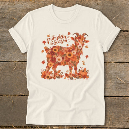 Cream t-shirt with a goat made of autumn flowers and pumpkins, text says "Pumpkin season".
