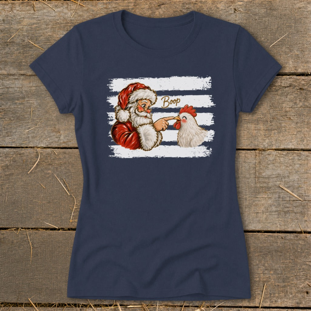 Santa booping a chicken with the word "Boop" above them.