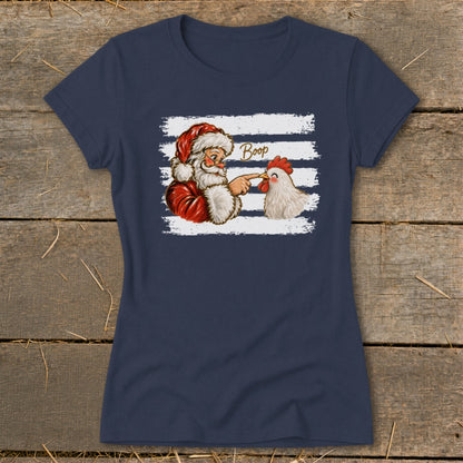 Santa booping a chicken with the word "Boop" above them.