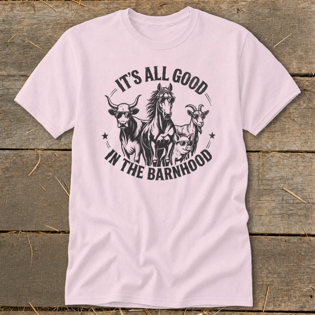 T-shirt graphic with bull, horse, goat, and pig wearing sunglasses, with text "IT'S ALL GOOD IN THE BARNHOOD".