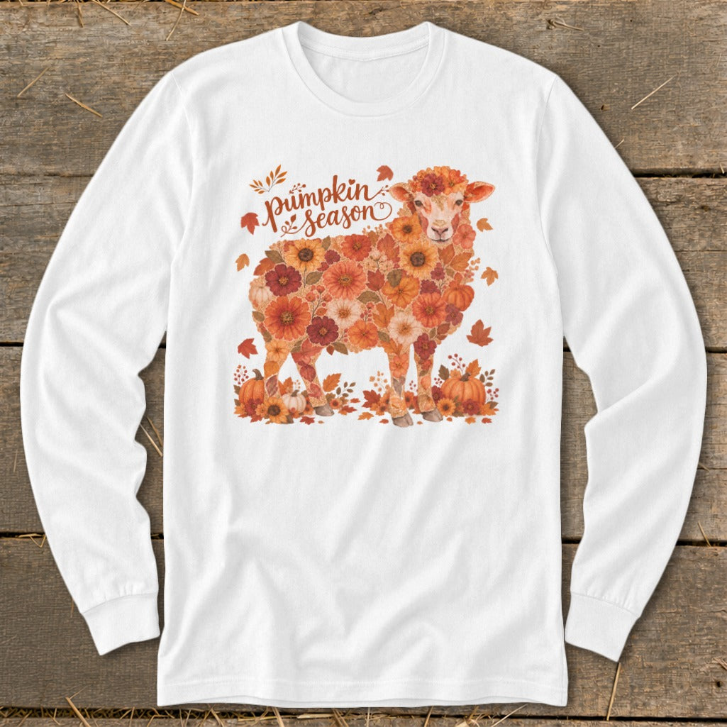 White long-sleeve shirt with a sheep design made of autumn flowers and pumpkins.