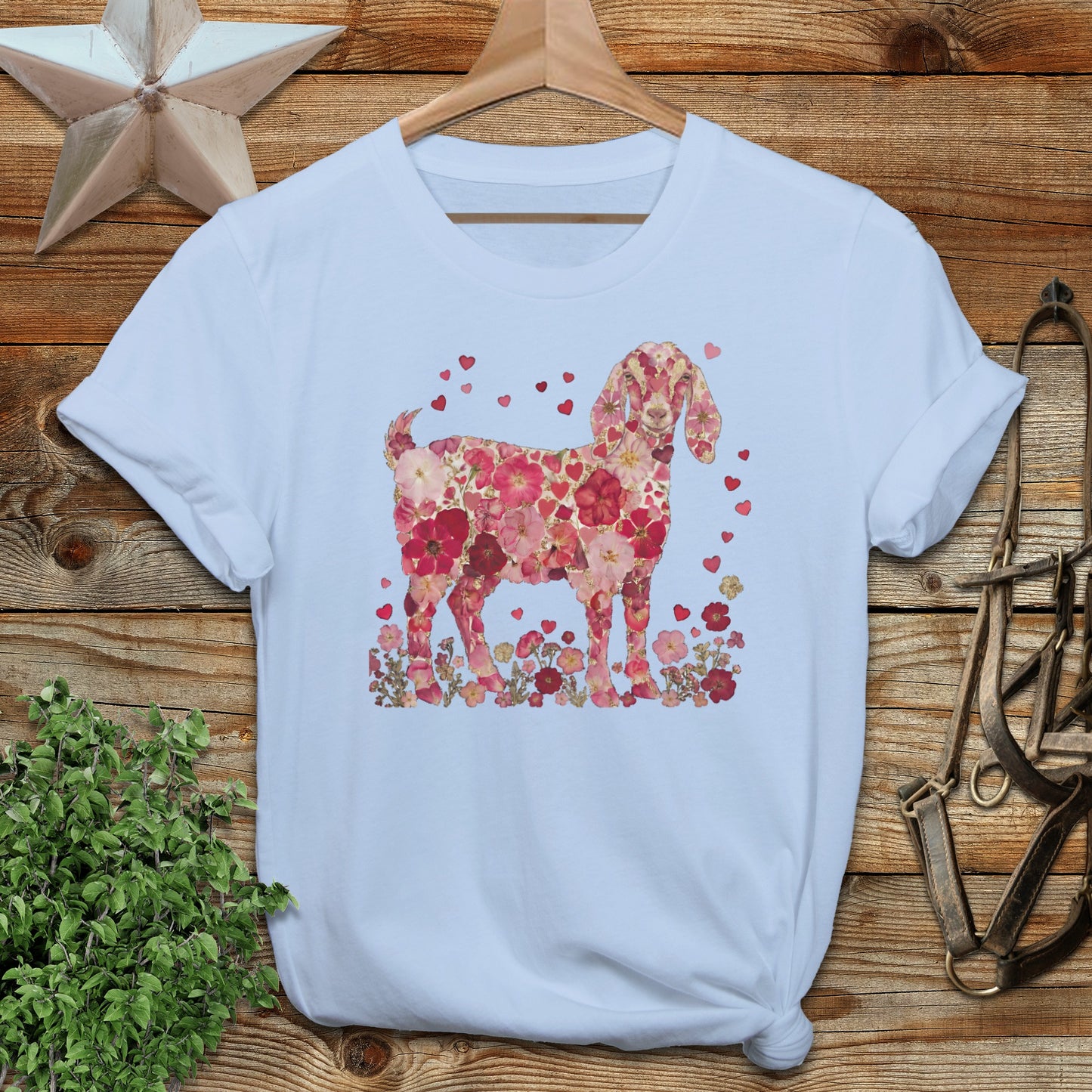 Floral Heart Goat T-Shirt with Retro Farmhouse Art
