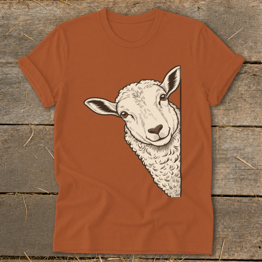 Sheep peeking from the side on an orange t-shirt.
