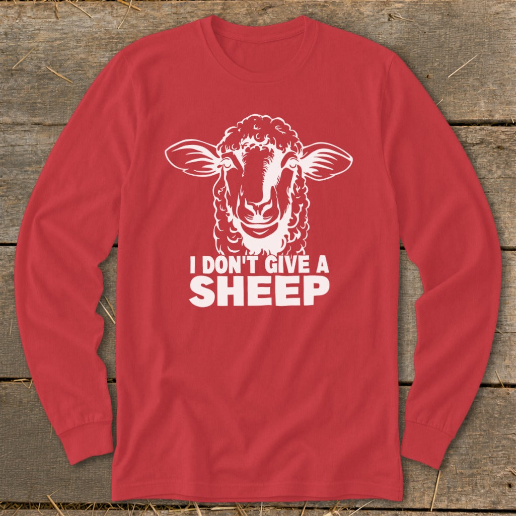 Red long sleeve shirt with white graphic of a sheep's face and text.