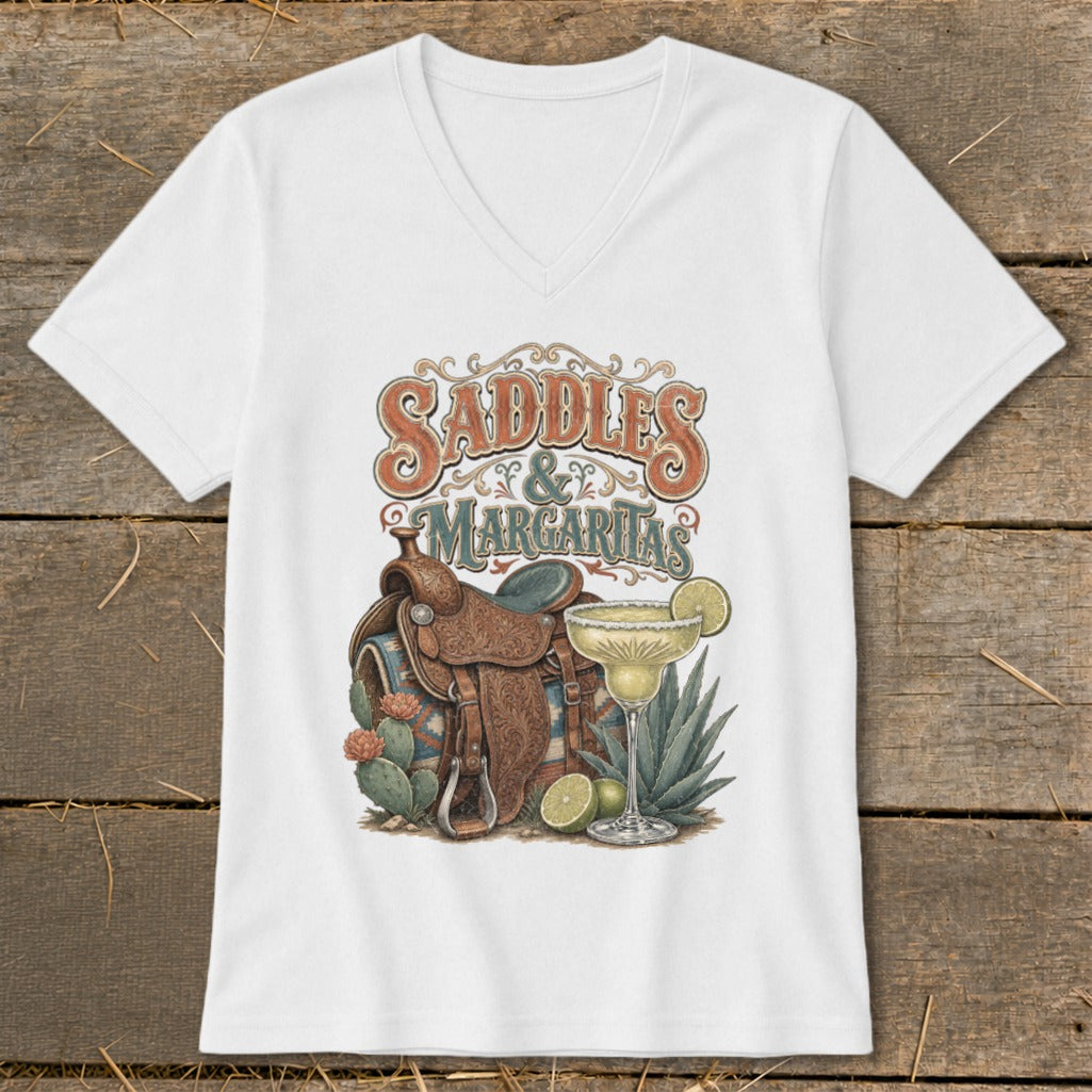 White t-shirt with "Saddles & Margaritas" graphic featuring a saddle and margarita.