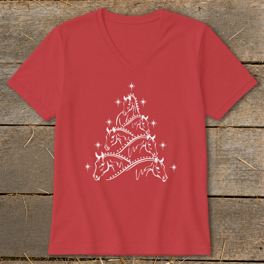 Red v-neck t-shirt with white horse tree graphic and stars.