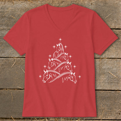 Red v-neck t-shirt with white horse tree graphic and stars.