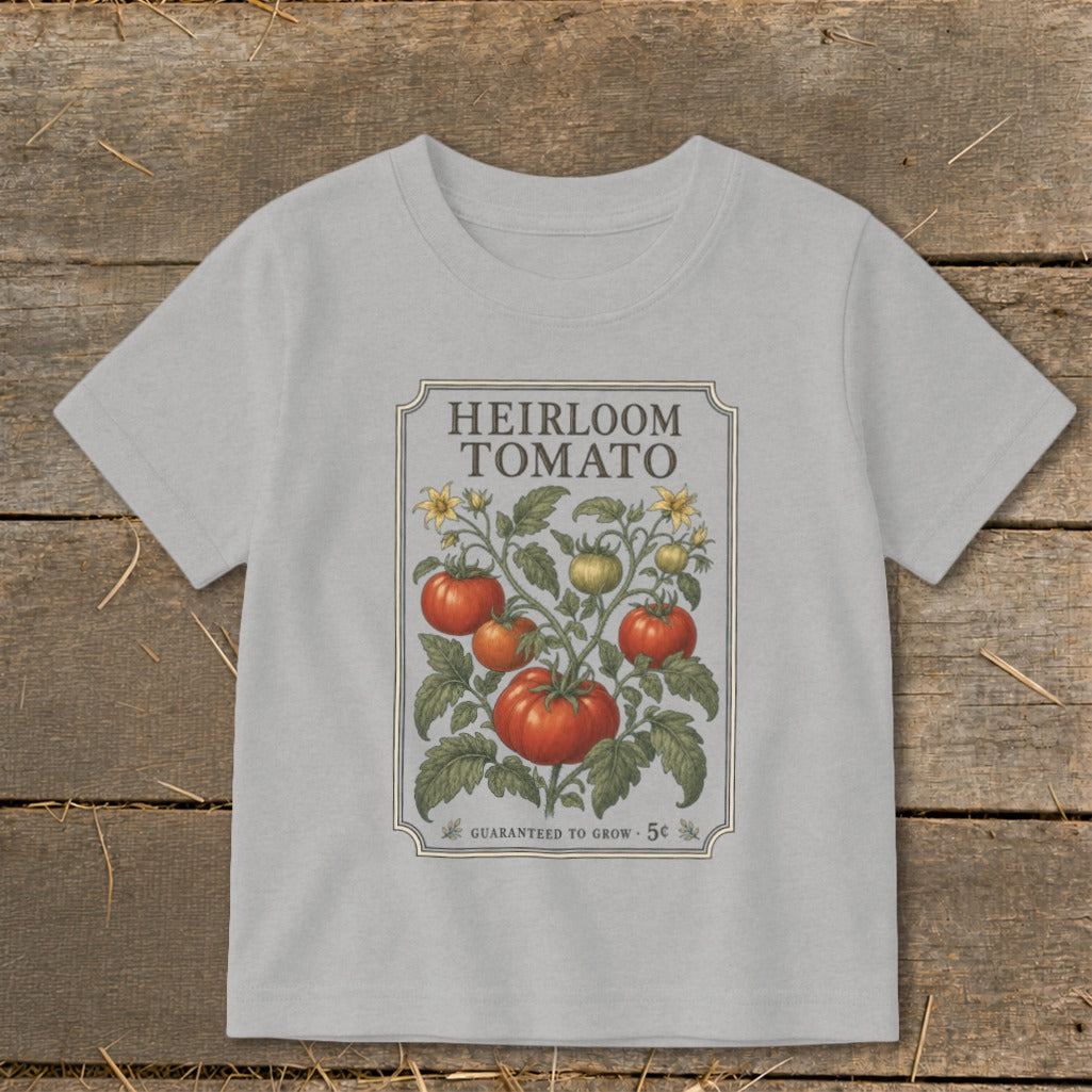 Light gray t-shirt with heirloom tomato graphic and text "GUARANTEED TO GROW - 5¢".