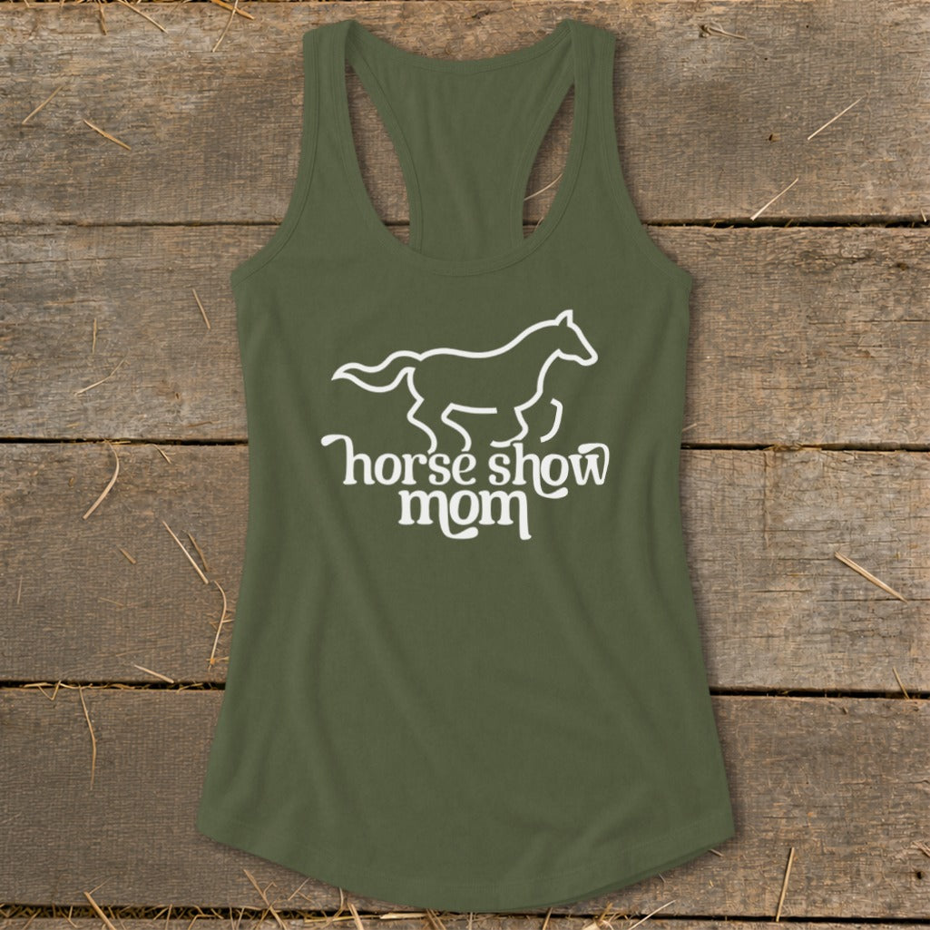 Green tank top with white outline of horse and text "horse show mom".