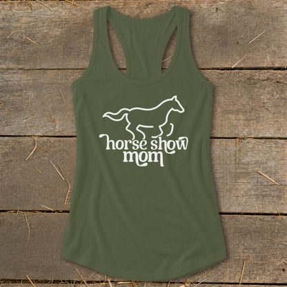 Green tank top with white outline of horse and text "horse show mom".