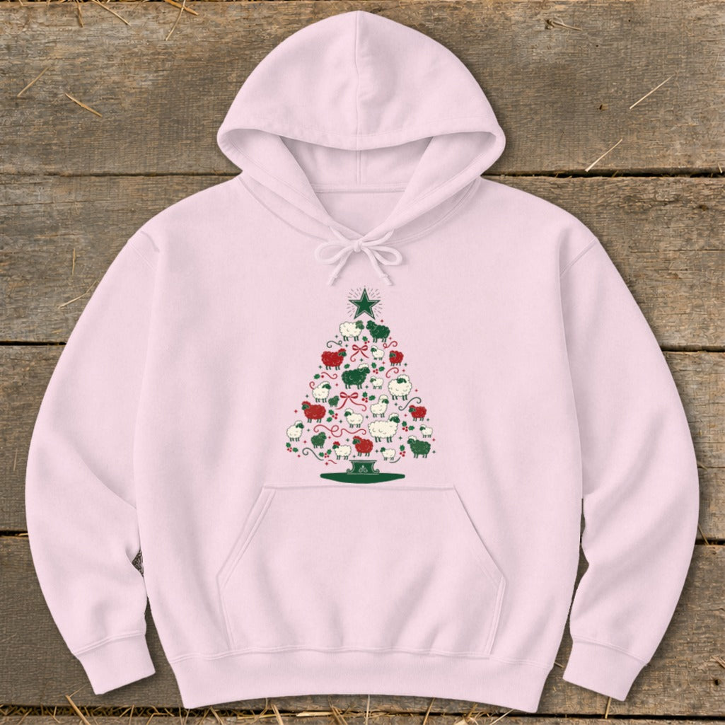 Light pink hoodie with a Christmas tree made of sheep graphic.