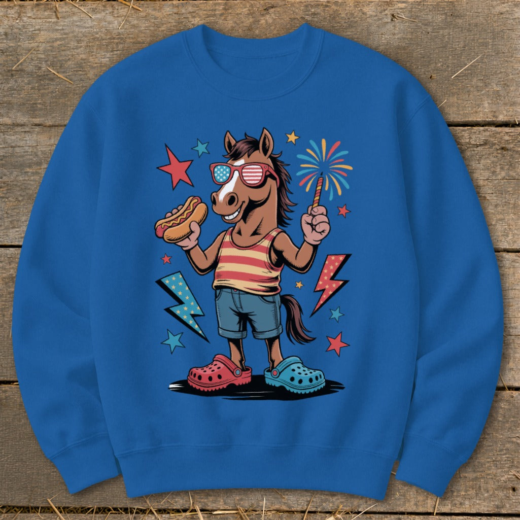 Cartoon horse wearing patriotic sunglasses, holding a hot dog and sparkler.