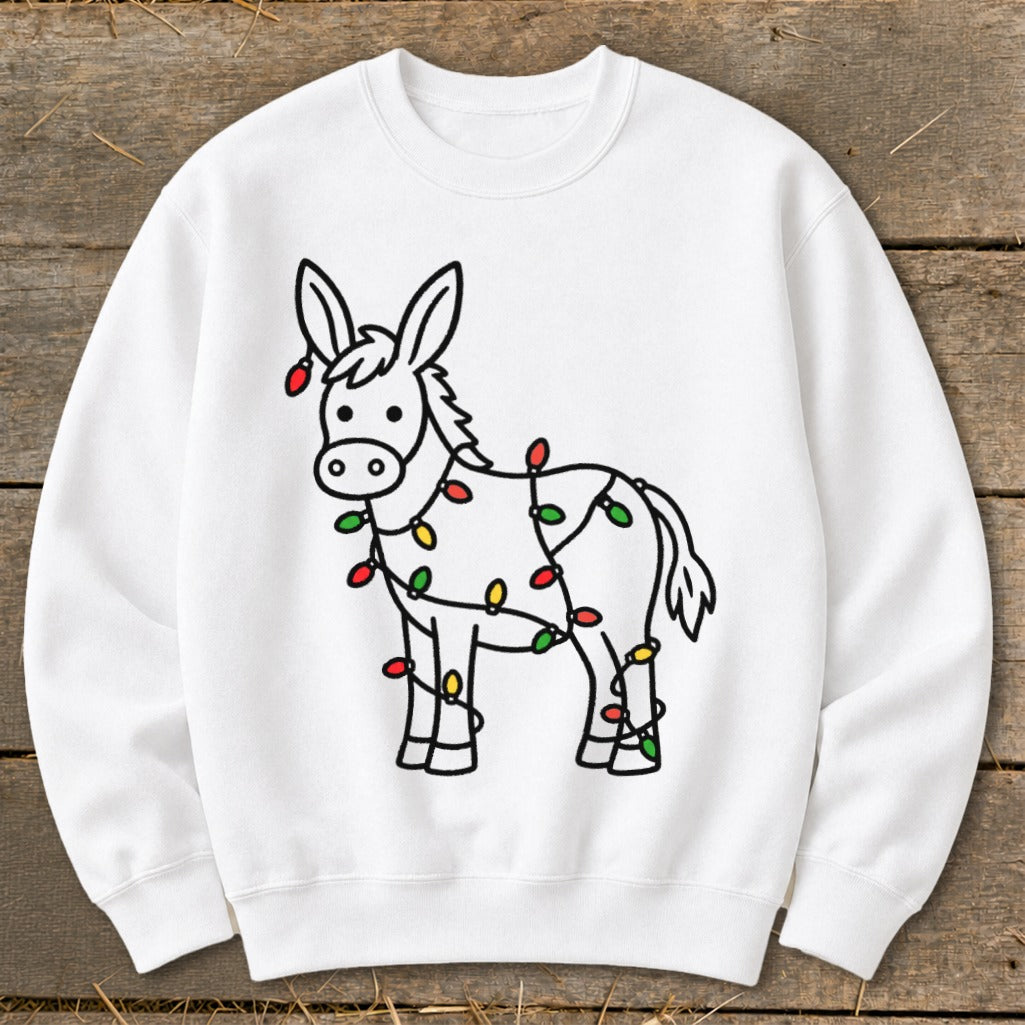 White sweatshirt with a black outline drawing of a donkey wrapped in colorful Christmas lights.