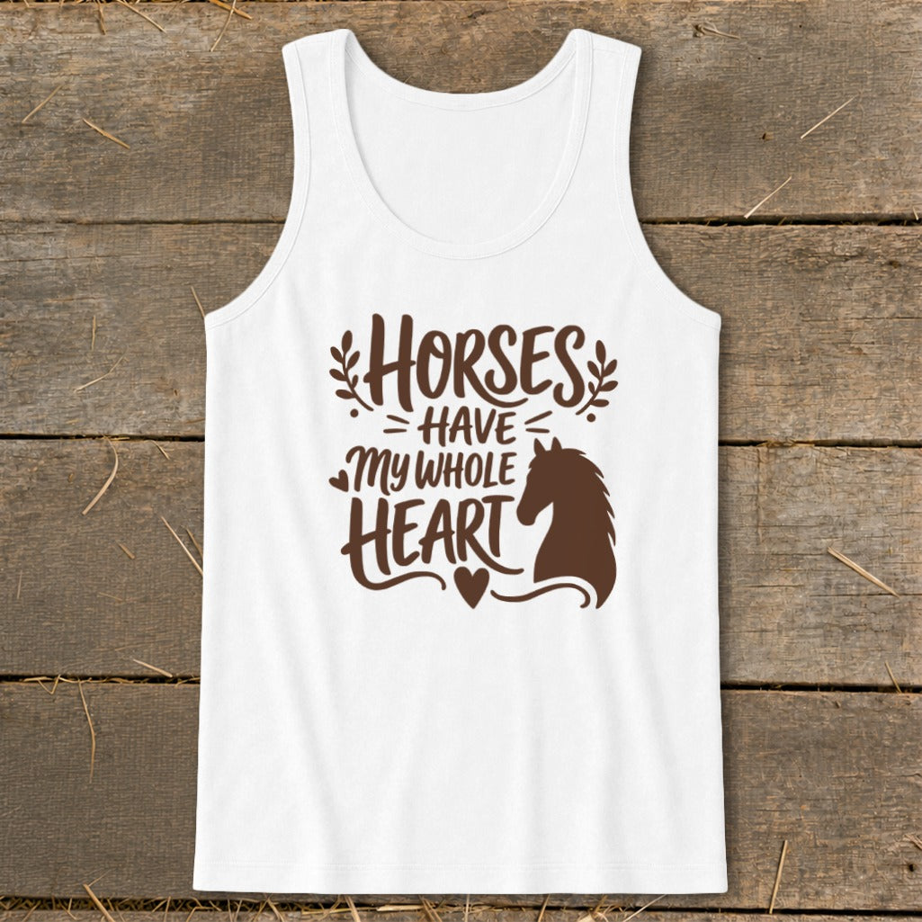 White tank top with brown text and horse graphic reading "Horses have my whole heart."