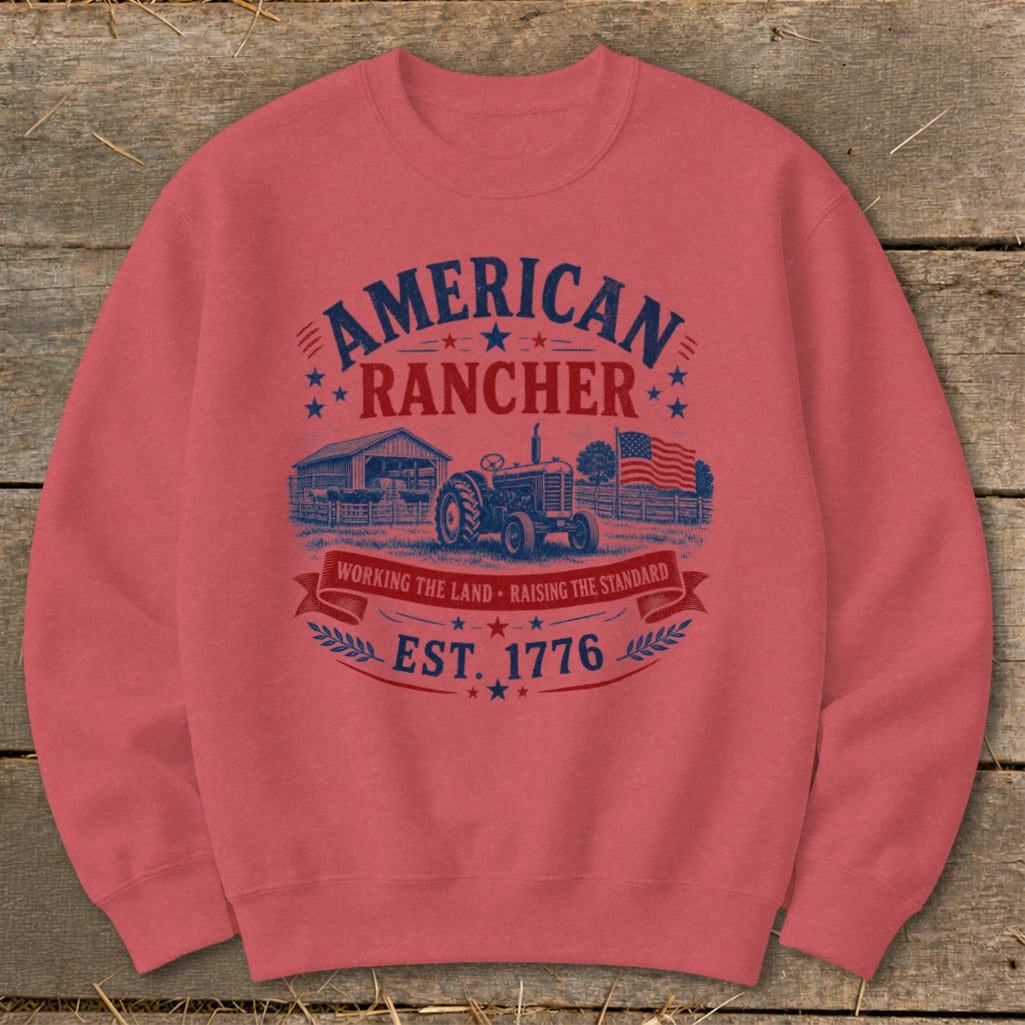 American Rancher graphic with tractor, barn, American flag, and text "EST. 1776".