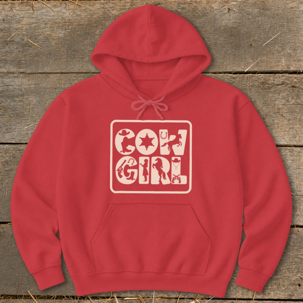 Red hoodie with "Cowgirl" text and western icons on the chest.
