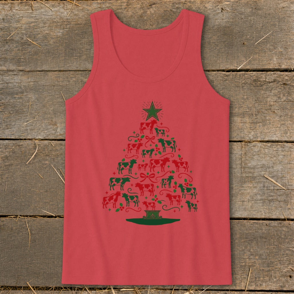 Red tank top with green and red cows forming a Christmas tree.