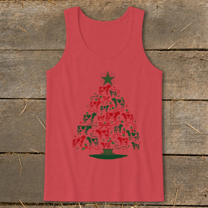 Red tank top with green and red cows forming a Christmas tree.