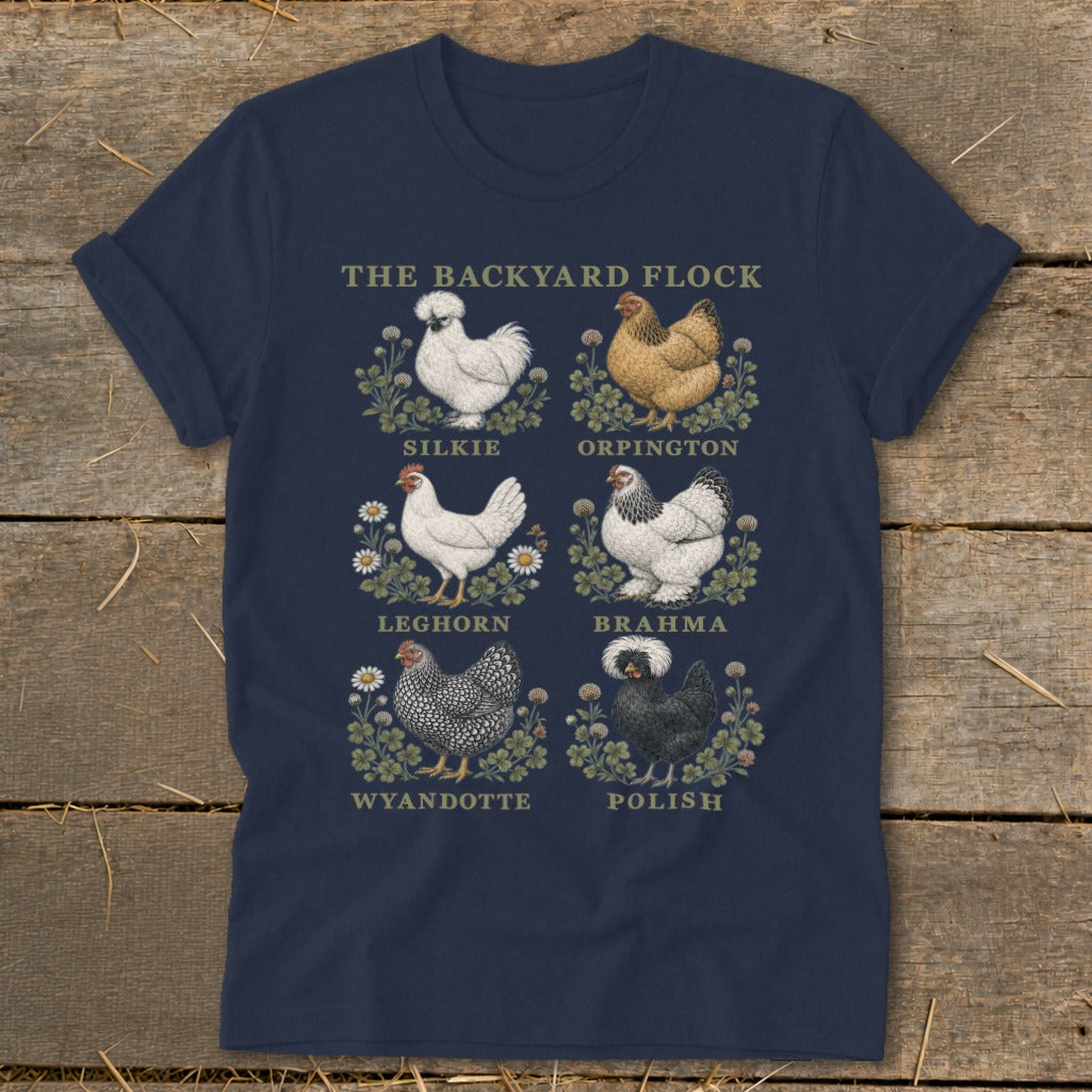 Navy t-shirt with "The Backyard Flock" text and illustrations of six chicken breeds.