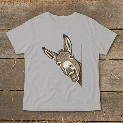 Funny donkey head peeking around a corner on a grey t-shirt.