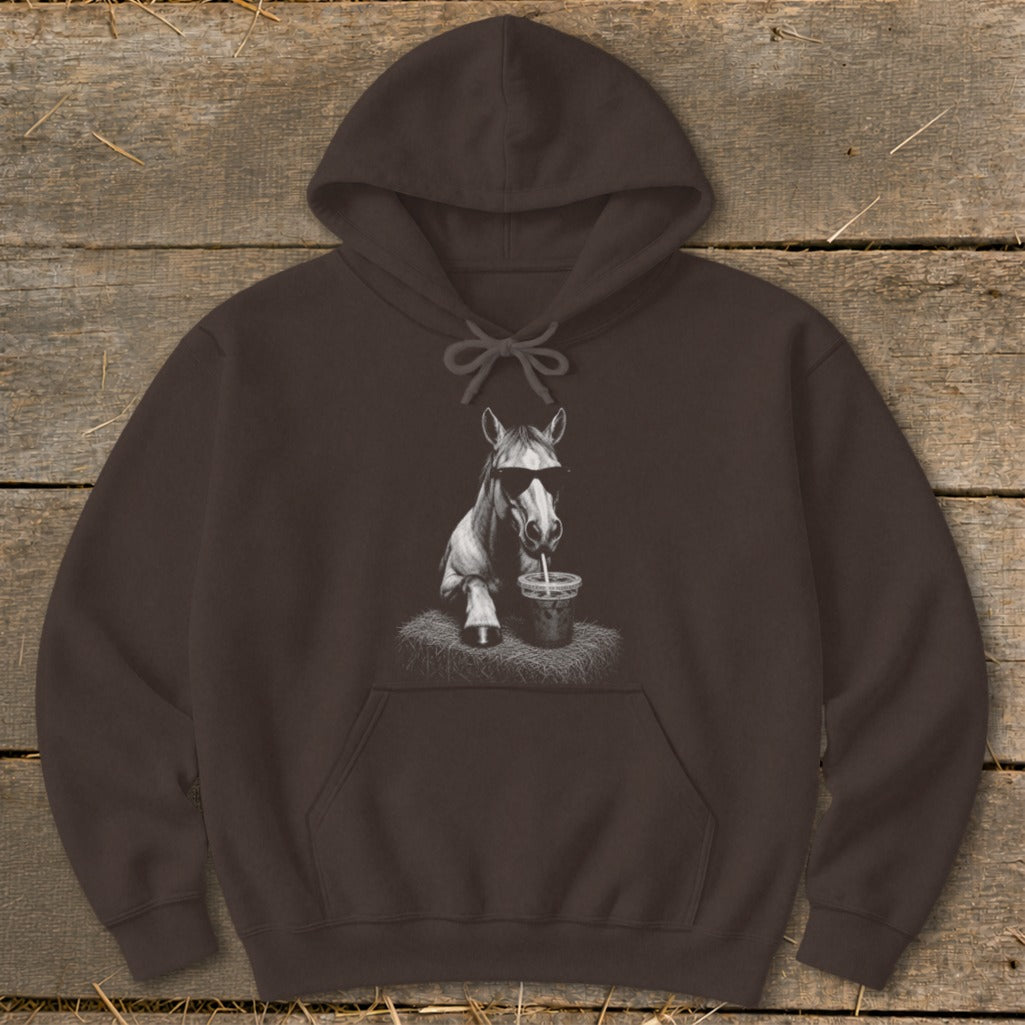 Brown hoodie with a graphic of a horse wearing sunglasses and drinking from a cup.