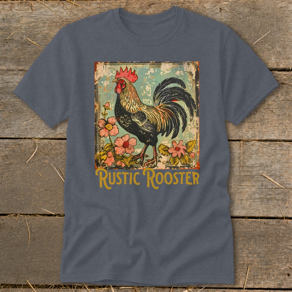 Rooster with flowers and text "RUSTIC ROOSTER" on a t-shirt.