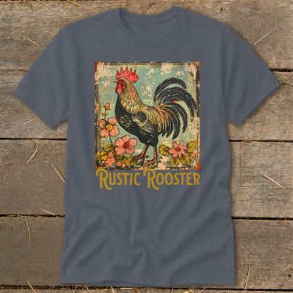 Rooster with flowers and text "RUSTIC ROOSTER" on a t-shirt.