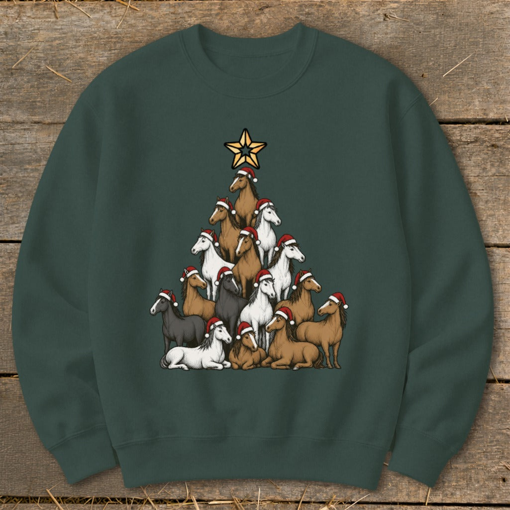 Christmas tree made of horses wearing Santa hats, topped with a star.